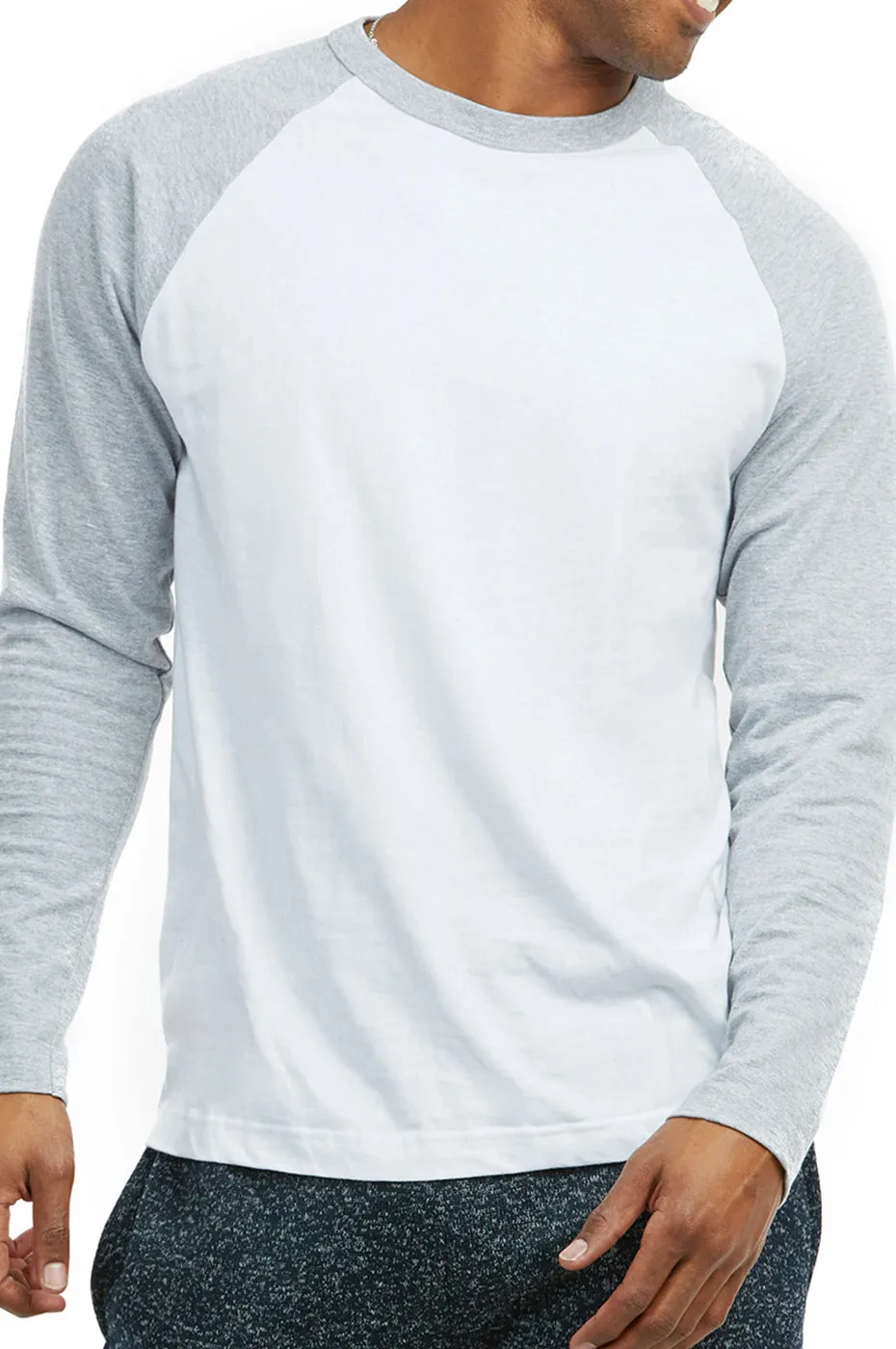 COTTONBELL MEN'S LONG SLEEVE BASEBALL TEE (MBT002C_LT.G-WHT)