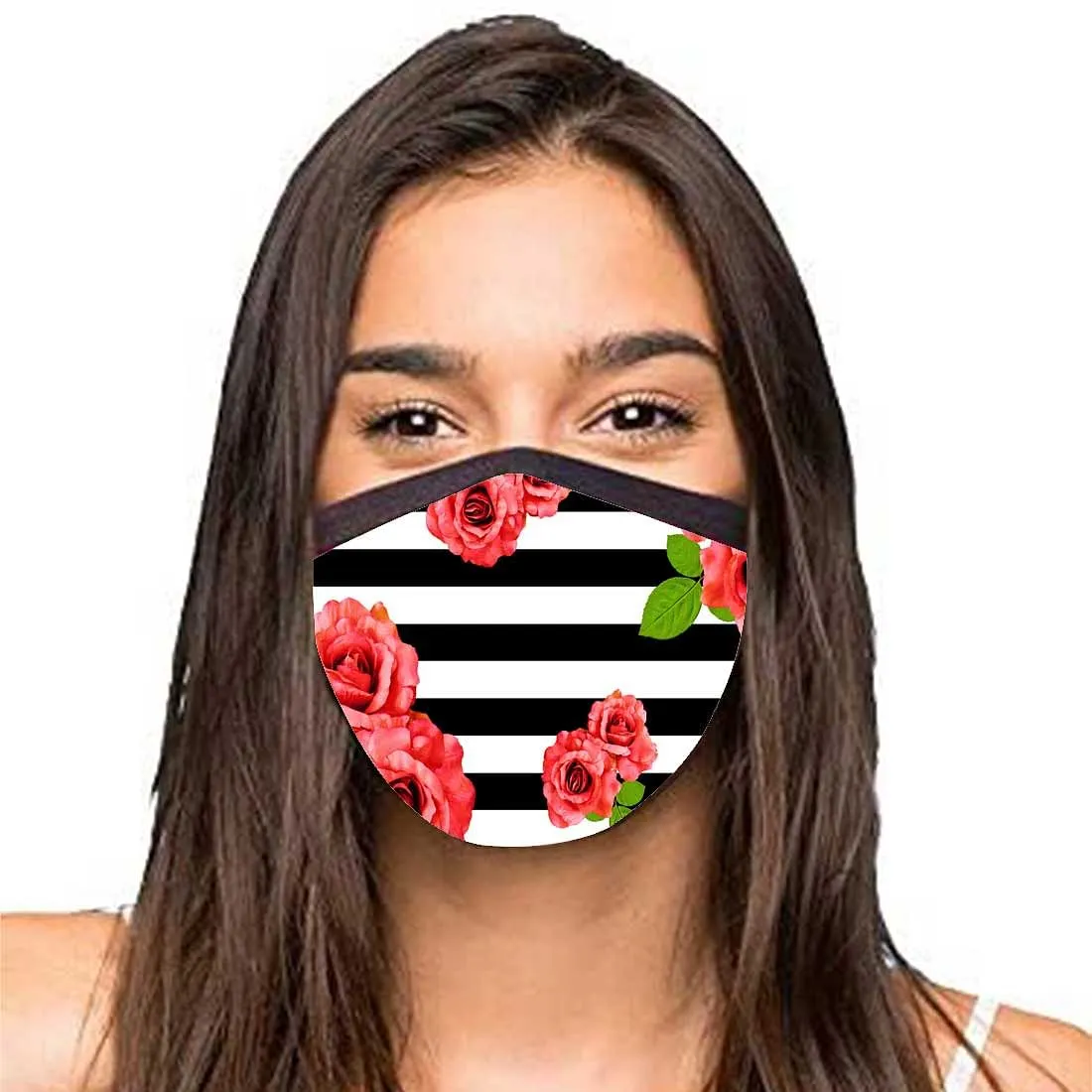 Face Masks Reusable Washable Set Of 2 -Floral_Black_Stripes