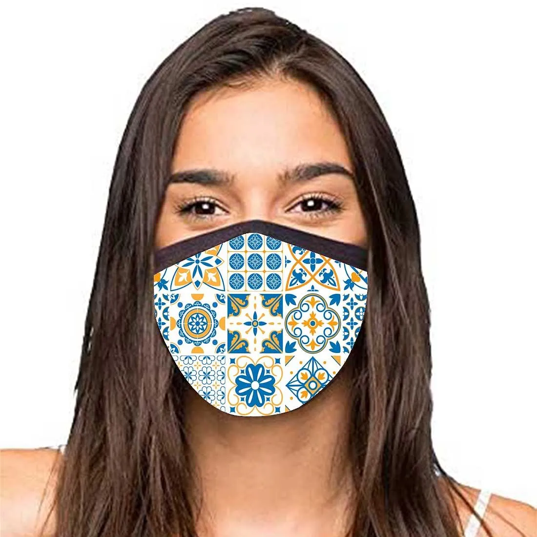 Face Masks Reusable Washable Set Of 2 -Spanish_tiles_blue