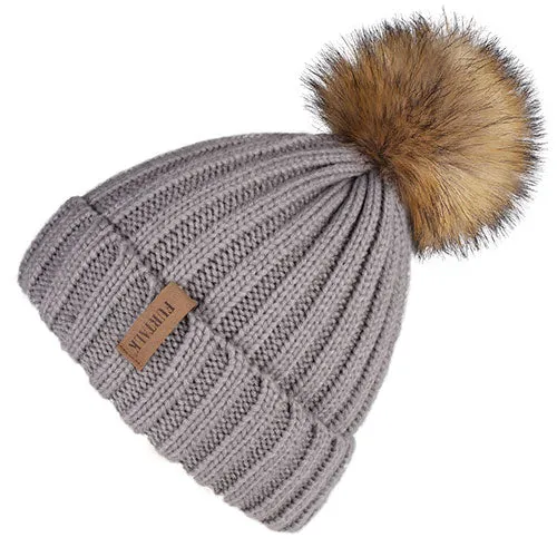 Fleece Lined Soft Pom Pom Fur Casual Warm Knitted Winter Beanie