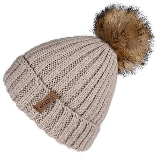 Fleece Lined Soft Pom Pom Fur Casual Warm Knitted Winter Beanie