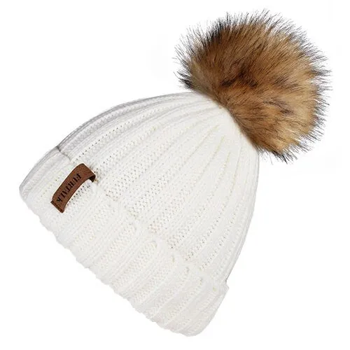 Fleece Lined Soft Pom Pom Fur Casual Warm Knitted Winter Beanie