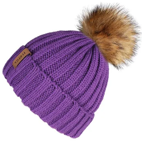 Fleece Lined Soft Pom Pom Fur Casual Warm Knitted Winter Beanie