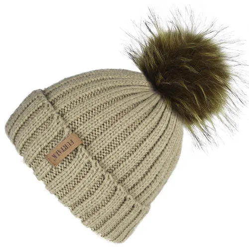 Fleece Lined Soft Pom Pom Fur Casual Warm Knitted Winter Beanie