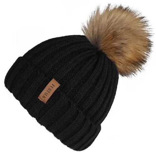 Fleece Lined Soft Pom Pom Fur Casual Warm Knitted Winter Beanie