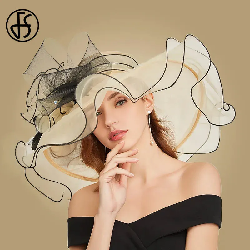 FS Big Flower Sun Hats For Women Beach Beige Organza Tea Party Hat Elegant Ladies Church Kentucky Derby Wide Brim Fedoras