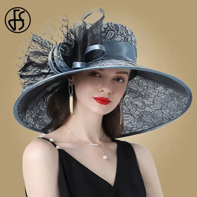 FS Pink Wide Brim Hats Kentucky Derby Hat For Women Elegant Church Purpe Hats Big Feather Fedora Ladies Wedding Tea Party Fedora