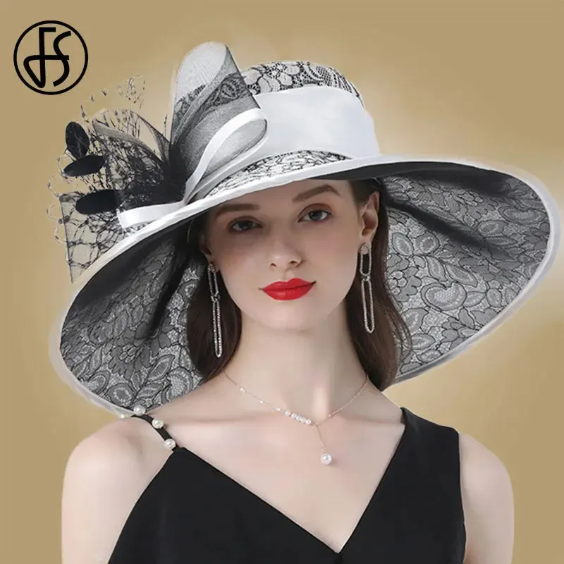 FS Pink Wide Brim Hats Kentucky Derby Hat For Women Elegant Church Purpe Hats Big Feather Fedora Ladies Wedding Tea Party Fedora