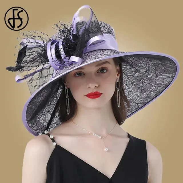 FS Pink Wide Brim Hats Kentucky Derby Hat For Women Elegant Church Purpe Hats Big Feather Fedora Ladies Wedding Tea Party Fedora