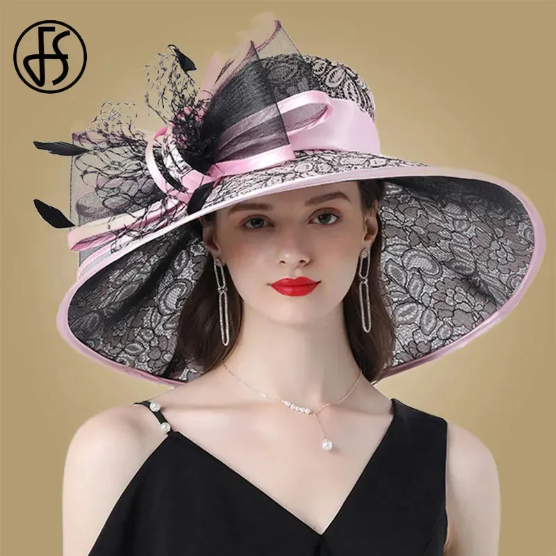 FS Pink Wide Brim Hats Kentucky Derby Hat For Women Elegant Church Purpe Hats Big Feather Fedora Ladies Wedding Tea Party Fedora