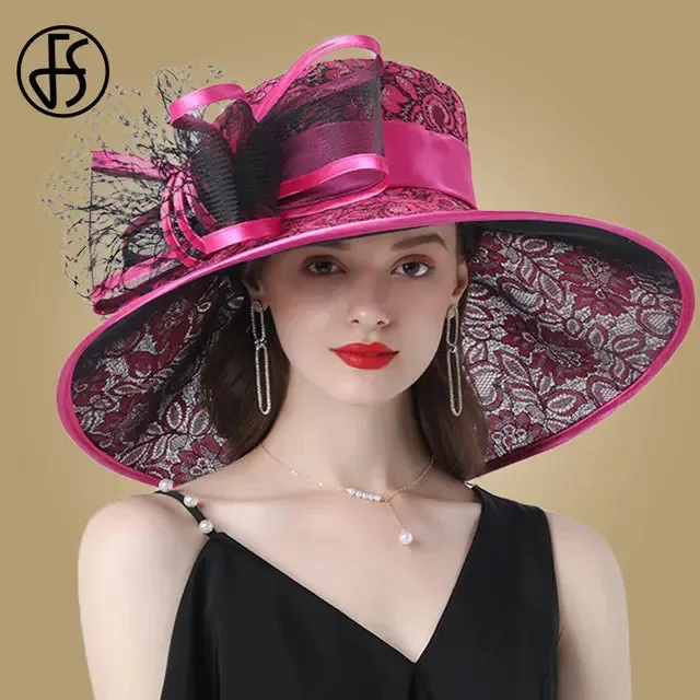 FS Pink Wide Brim Hats Kentucky Derby Hat For Women Elegant Church Purpe Hats Big Feather Fedora Ladies Wedding Tea Party Fedora