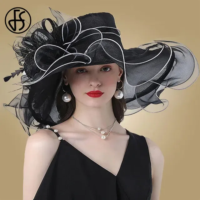 FS Wedding Bride Fascinator Hat For Women Ladies Kentucky Derby Organza Hats Tea Party Dress Large Wide Brim Fedoras Feather