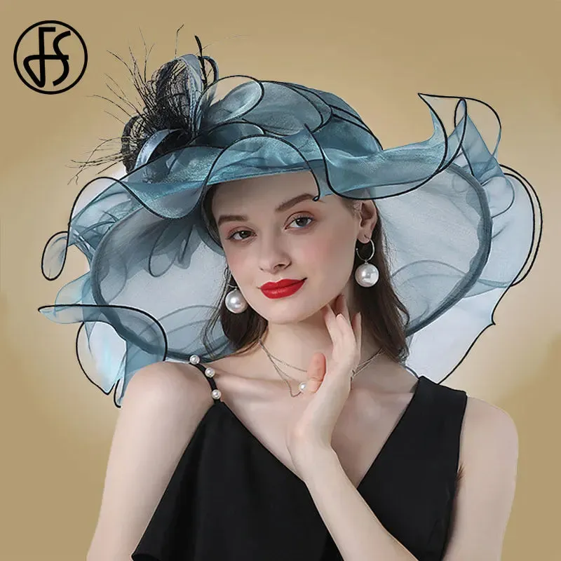 FS Wedding Bride Fascinator Hat For Women Ladies Kentucky Derby Organza Hats Tea Party Dress Large Wide Brim Fedoras Feather