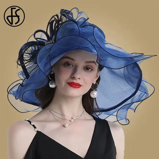 FS Wedding Bride Fascinator Hat For Women Ladies Kentucky Derby Organza Hats Tea Party Dress Large Wide Brim Fedoras Feather