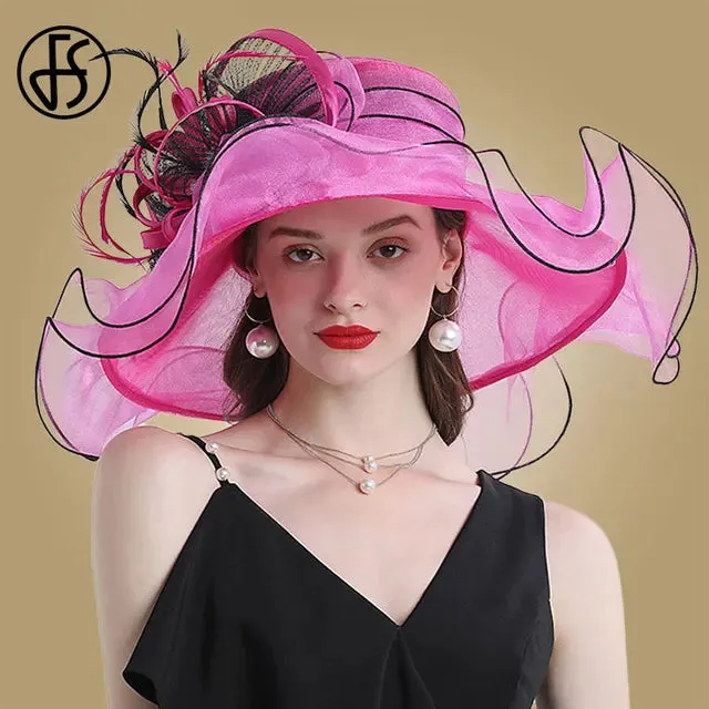 FS Wedding Bride Fascinator Hat For Women Ladies Kentucky Derby Organza Hats Tea Party Dress Large Wide Brim Fedoras Feather