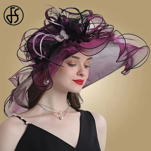 FS Wedding Bride Fascinator Hat For Women Ladies Kentucky Derby Organza Hats Tea Party Dress Large Wide Brim Fedoras Feather