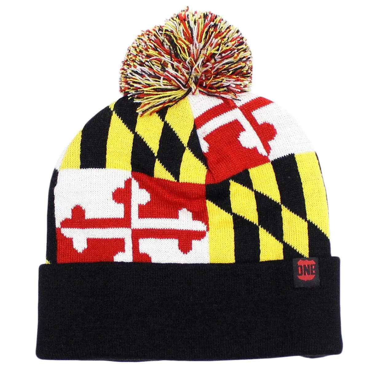 Full Maryland Flag (Black) / Knit Beanie Cap w/ Pom-Pom