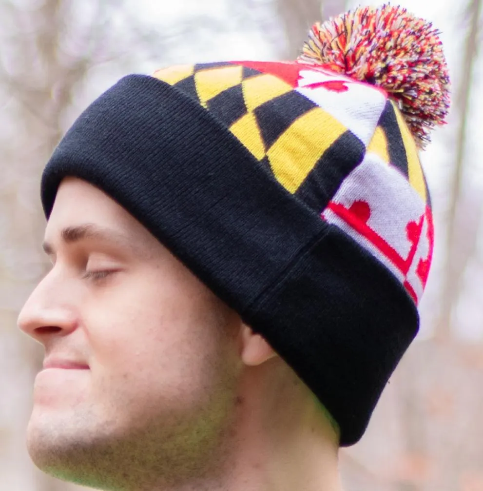 Full Maryland Flag (Black) / Knit Beanie Cap w/ Pom-Pom