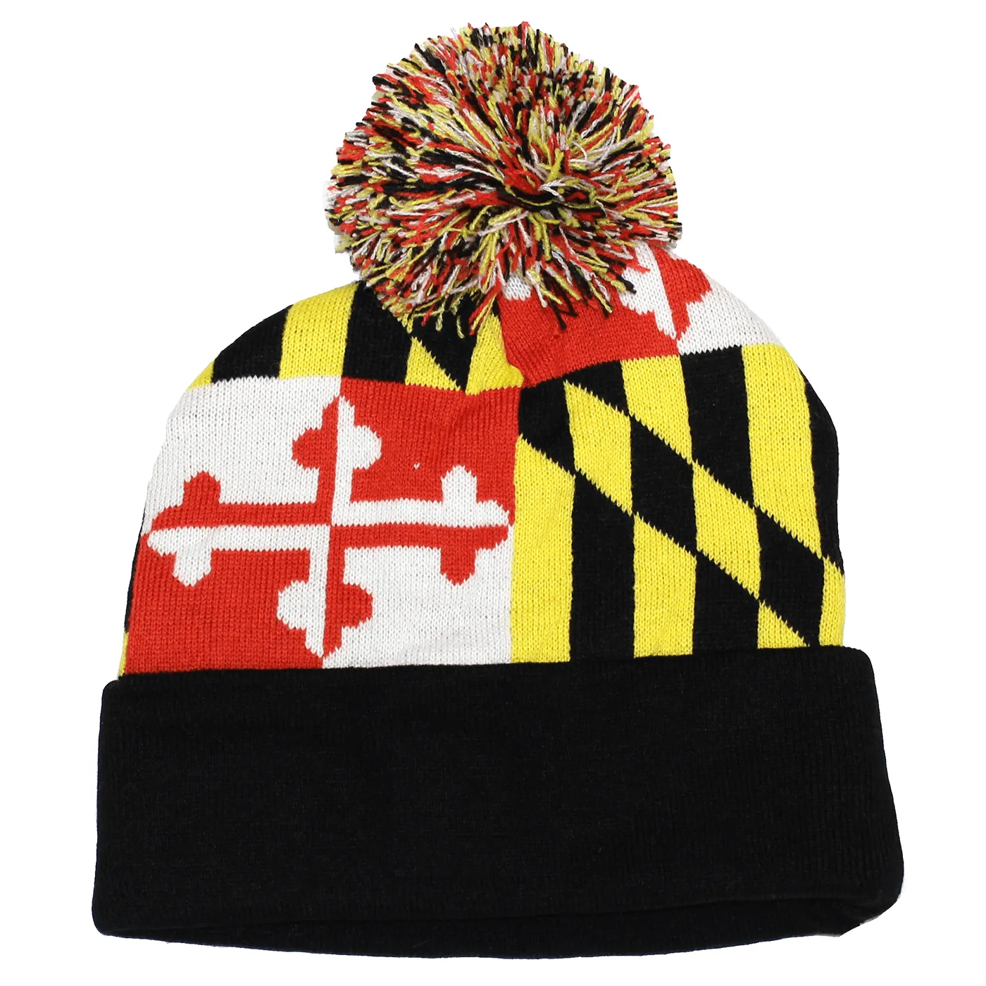 Full Maryland Flag (Black) / Knit Beanie Cap w/ Pom-Pom