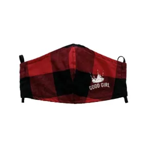 Good Girl Mask- Red/Blk Plaid-White Logo