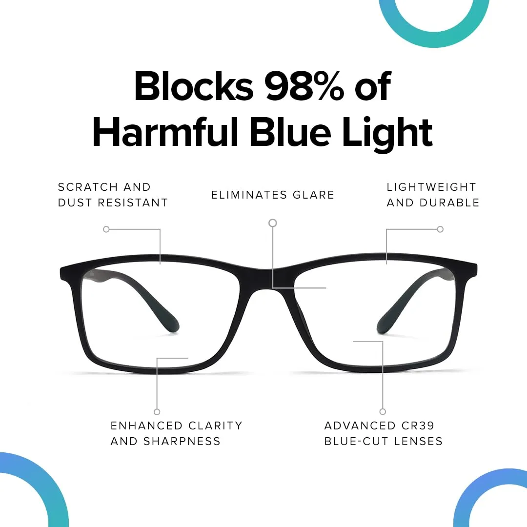 Intellilens® Square Blue Cut Computer Glasses for Eye Protection | Zero Power, Anti Glare & Blue Light Filter Glasses | Frames & Blue Cut Lenses (Black) Pack of 12