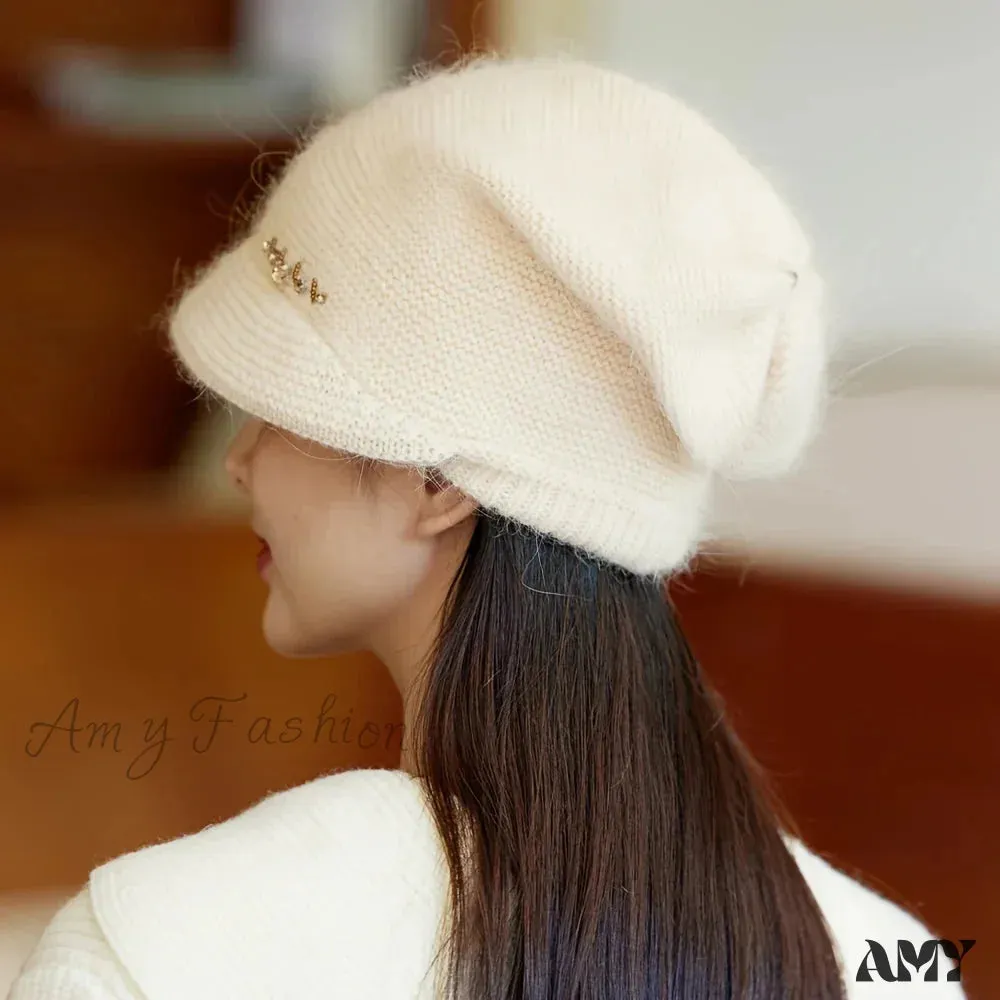 Knitted Double Elastic Diamond Dot Rabbit Hair Hat