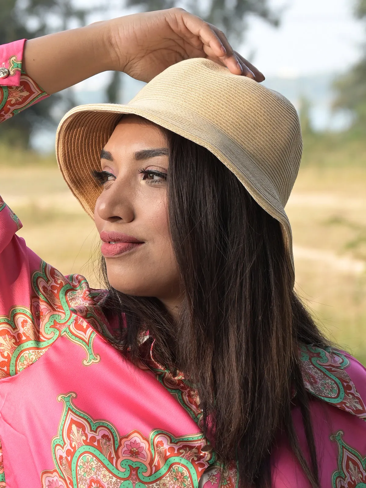 Odette Beige Straw Bucket Hat for Women