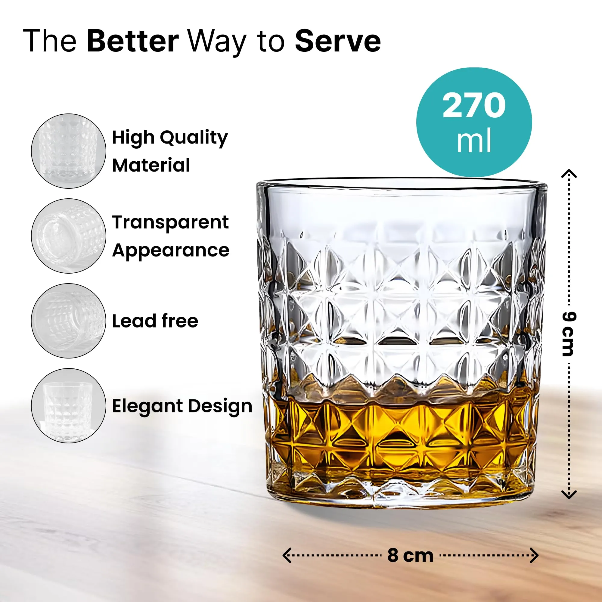 The Better Home Zest Whiskey Glasses Set of 4 (270ml Each) | Lead Free Whiskey Glass | Crystal Glass for Bar Home | Glass for Drinks | Cocktail Glasses | Highball Glass | Heavy Bottom Drinking Glass