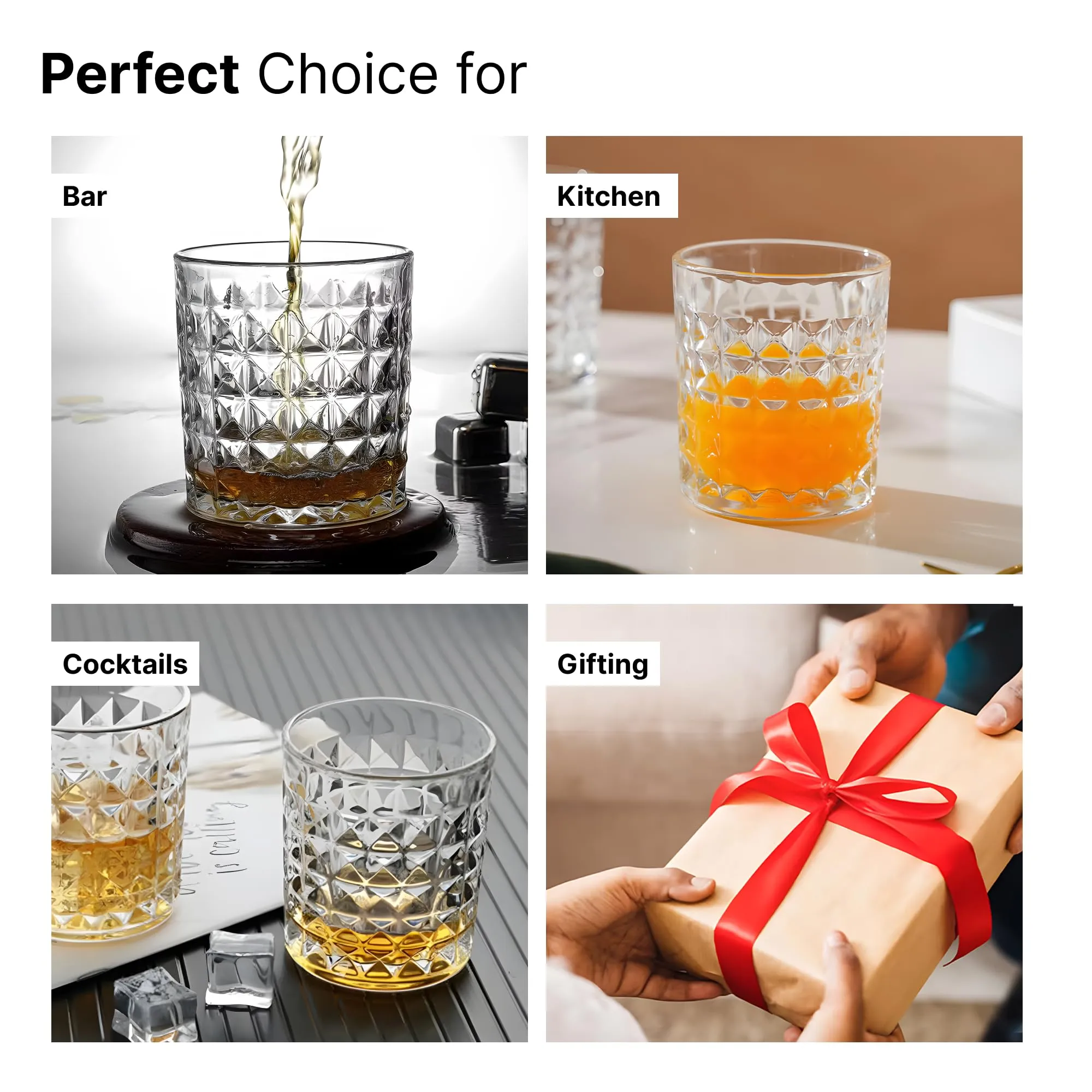 The Better Home Zest Whiskey Glasses Set of 4 (270ml Each) | Lead Free Whiskey Glass | Crystal Glass for Bar Home | Glass for Drinks | Cocktail Glasses | Highball Glass | Heavy Bottom Drinking Glass