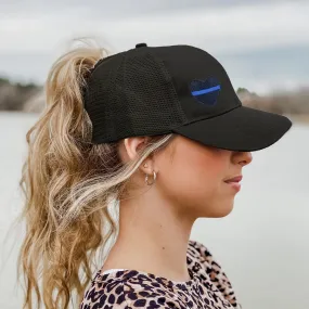 Thin Blue Line Heart Mesh Back Ponytail Hat