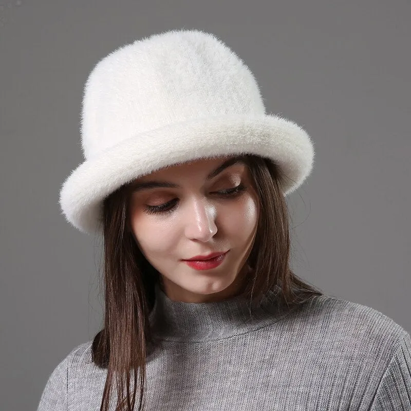 Wool Elegant Women Hat Dome Short Brim Hats Female British Retro Autumn Winter Basin Cap Faux velvet Hat RC2070