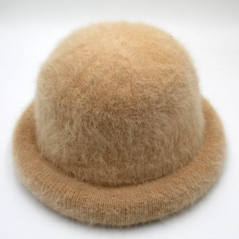 Wool Elegant Women Hat Dome Short Brim Hats Female British Retro Autumn Winter Basin Cap Faux velvet Hat RC2070