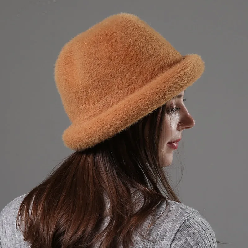 Wool Elegant Women Hat Dome Short Brim Hats Female British Retro Autumn Winter Basin Cap Faux velvet Hat RC2070