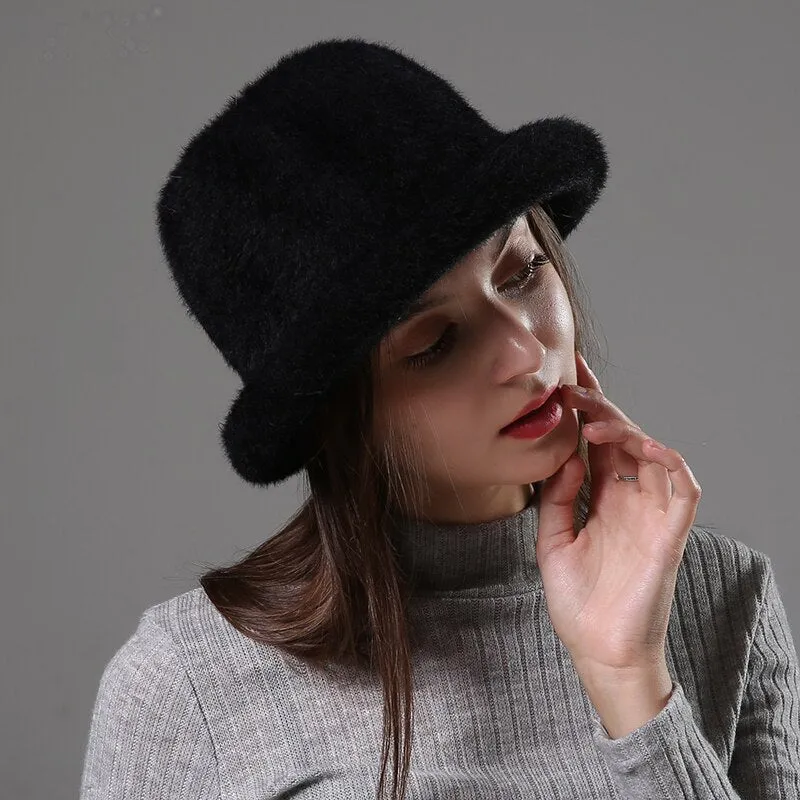 Wool Elegant Women Hat Dome Short Brim Hats Female British Retro Autumn Winter Basin Cap Faux velvet Hat RC2070